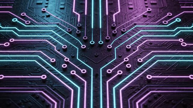Glowing neon circuit board animation with digital data pulses moving through cyan and pink paths on a dark futuristic motherboard.