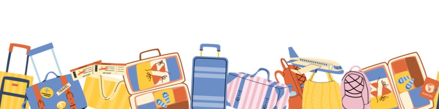 Travel vacation luggage background. Airplane baggage elements background for tourism banner or flyer. Open suitcase with summer essentials - bikini and flip flops. Cartoon Airport suitcases border