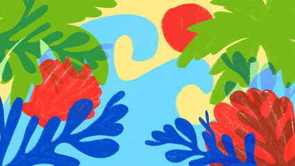 Bright hand drawn tropical leaves and red flowers on blue yellow summer background. Concept of beach sale, resort promo, vacation banner, summer party invite and tropical packaging. © Lustre Art Group 