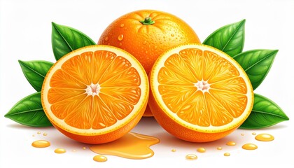 Fototapeta premium Fresh whole and halved oranges with green leaves and juice droplets on white background