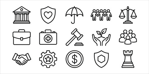 Collection of line art icons representing law security and business concepts © Asif137