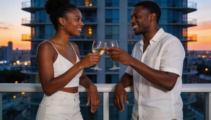 Naklejka premium Couple toasting with wine on a balcony at sunset. Romantic date night in the city. Young Black man and woman celebrating on a high-rise terrace. Urban lifestyle and relationship concept