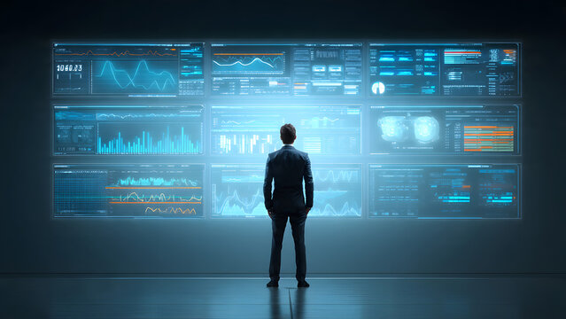 Man in Suit Observing Complex Financial Data Visualizations on a Futuristic Digital Wall Display