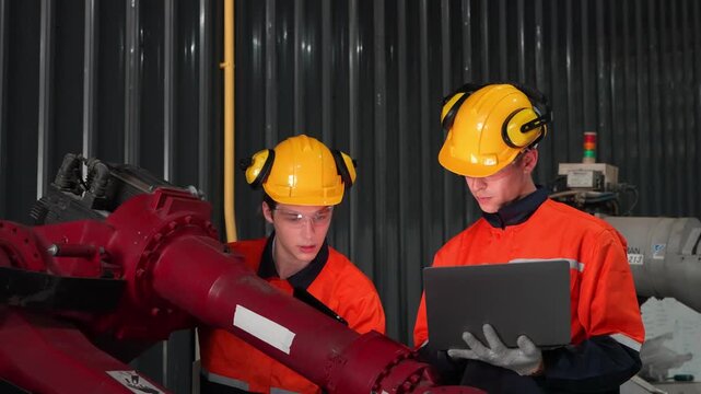 Engineers collaborating in an industrial setting with technology