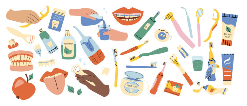 Dental care sticker set. Vector illustration with cleaning tools and oral hygiene products. Toothbrush, toothpaste, floss and irrigator. Cartoon flat style, dentistry concept. Dental tools set.