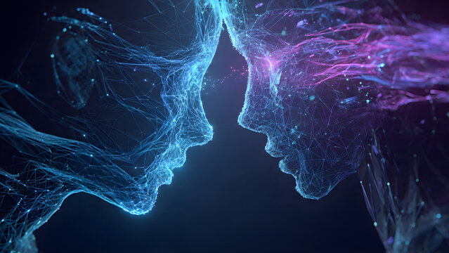 Ethereal profiles of two human forms crafted from luminous swirling particles, capturing the essence of digital connection and cosmic energy