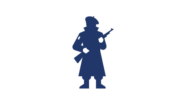 A silhouette of a soldier holding a rifle, standing against a plain white background
