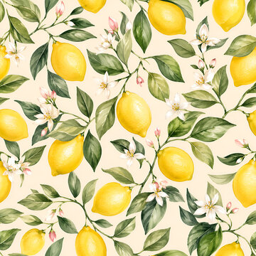 Seamless Watercolor Lemon Pattern with Green Leaves and White Blossoms on Soft Beige Background