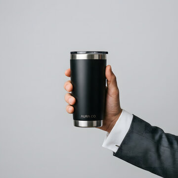 A professional hand wearing a suit holds a matte black stainless steel travel tumbler cup featuring a sleek minimal design for hot or cold drinks.