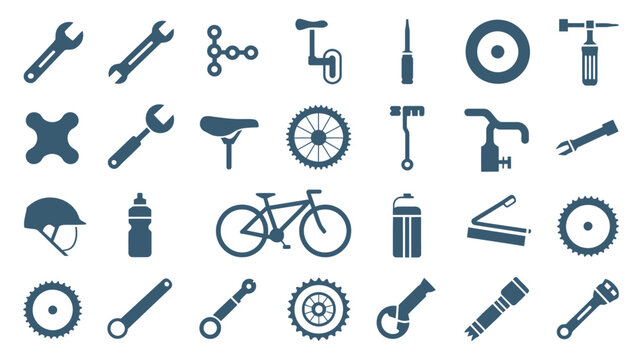 Bicycle repair tools and parts icon set, cycling maintenance equipment symbols for sports, transportation and bike service repair concept vector design