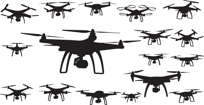 Vector silhouettes of modern quadcopter drones collection
