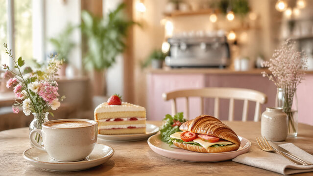 カフェでのひととき：コーヒーとケーキ、クロワッサンサンド