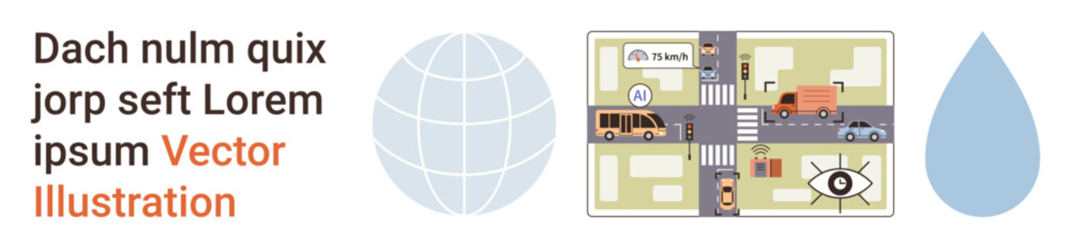 Urban mobility, navigation systems, route planning, traffic safety, global connectivity, environmental awareness. Detailed city map with vehicles and intersections. Urban mobility and navigation