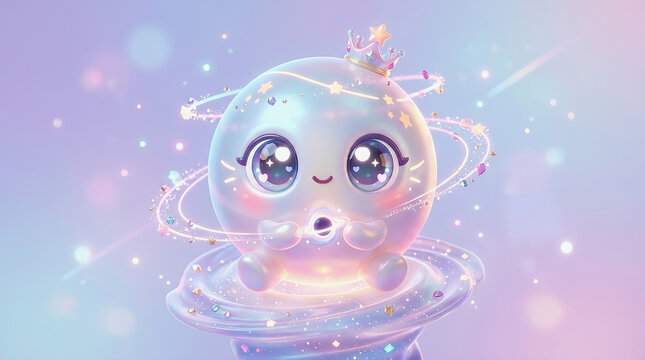 Cute cartoon planet character with crown and rings floating in magical pastel space background with sparkles and glowing light effects