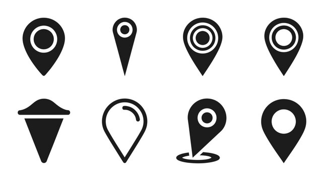 Location pin vector icon set, black GPS marker symbols, map pointer collection for navigation apps and websites, isolated on white background.