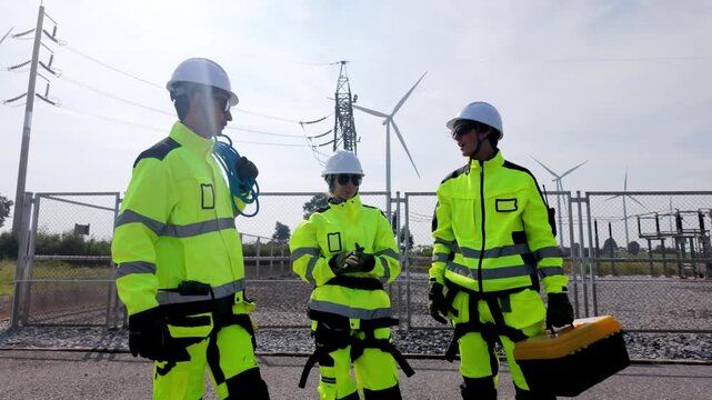 Energy workers in high-visibility gear inspect wind turbines and electrical substations