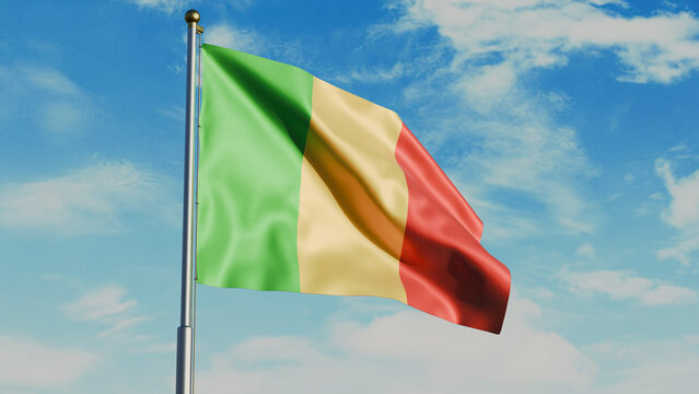 Mali flag waving in wind with flagpole, against the background of the sky with clouds, realistic render