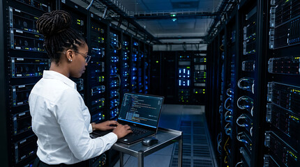 Fototapeta premium Experienced specialist running code and programming on laptop, troubleshooting and upgrading high tech facility designed to accommodate multiple clusters of fully operational server cabinets