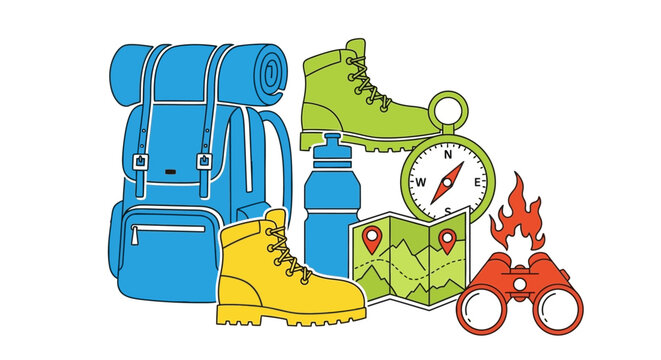 Hiking Camping Travel Adventure Gear Collection.