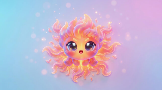 Cute cartoon sun character with big expressive eyes and flowing flame hair floating in a soft pastel blue and pink gradient sky background.