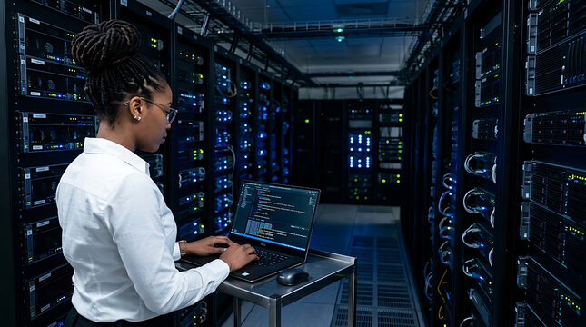 Experienced specialist running code and programming on laptop, troubleshooting and upgrading high tech facility designed to accommodate multiple clusters of fully operational server cabinets