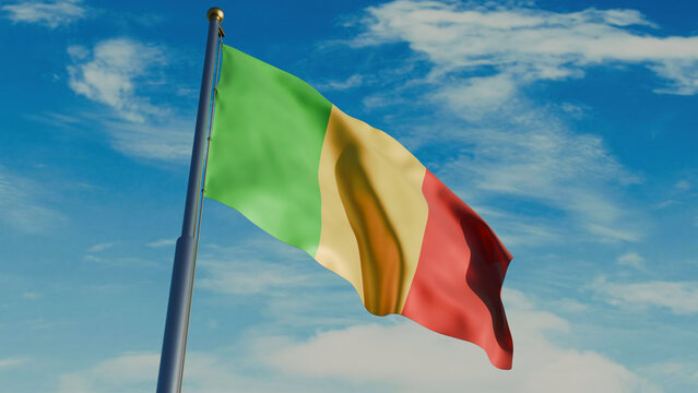 Mali flag waving in wind with flagpole, against the background of the sky with clouds, realistic render
