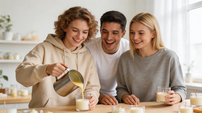 Group of young friends making candles together at home. Smiling woman pouring melted yellow wax into a glass jar. DIY craft workshop and handmade small business concept