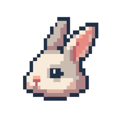 Fototapeta premium Pixel Art White Rabbit Head Icon with Pink Ears and Nostrils