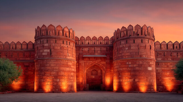 The Red Fort's massive sandstone bastions and gate are illuminated by warm uplights against a soft dusk sky, highlighting the intricate Mughal defensive architecture and battlements.