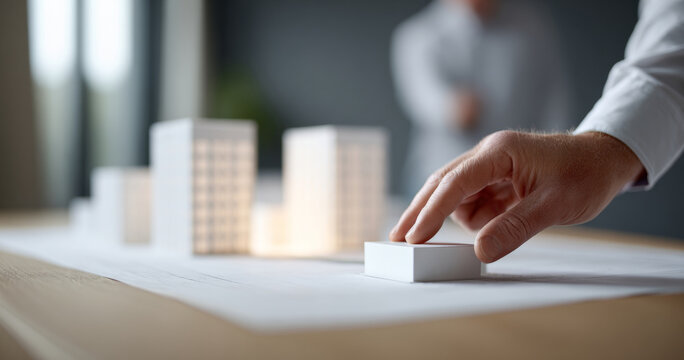 Architect examining scale model buildings