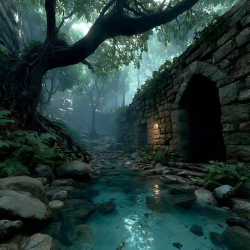 Mystical cave interior with waterfall and stone archway, green moss, and blue water