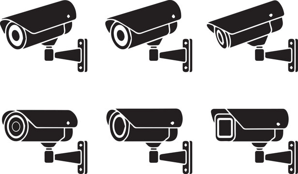 Set of black security cameras on brackets, vector illustration Vector