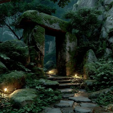 Mystical forest path leading to ancient stone archway, moss-covered, green hues