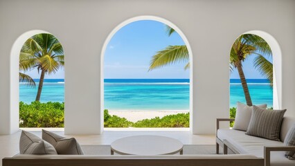 Fototapeta premium tropical beach view through arched windows in modern luxury living room
