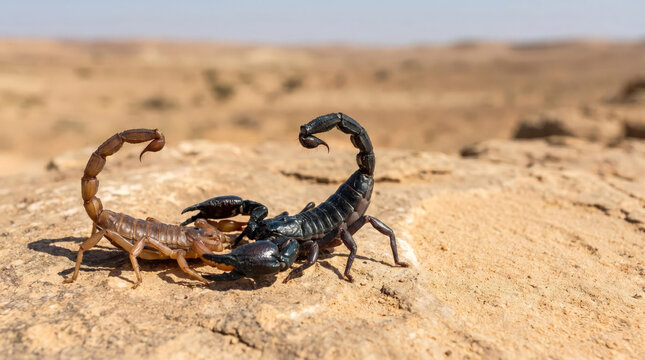 Intense territorial battle between a black emperor scorpion and a yellow fat-tailed scorpion on a desert rock with copy space