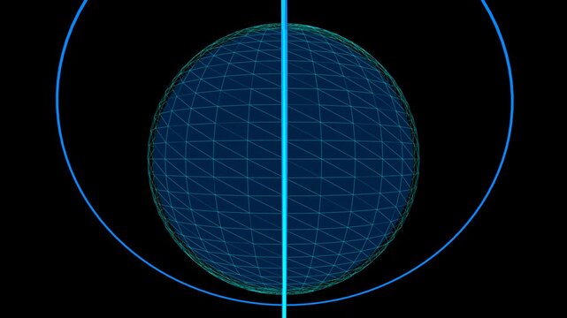 A wireframe globe with orbiting blue lines, presented against a black background. This abstract motion graphic features a rotating planet.