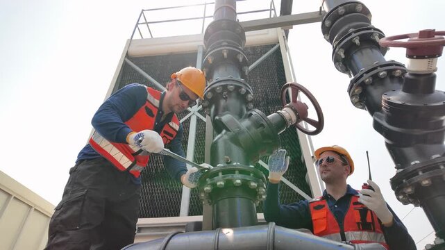 Industrial worker in hard hat and safety vest operates large valve near cooling tower