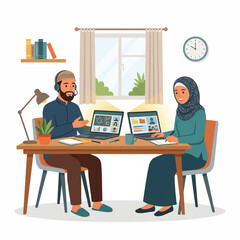 Fototapeta premium Illustration of a man and woman working on laptops at a wooden desk in a home office with a window and clock on the wall.