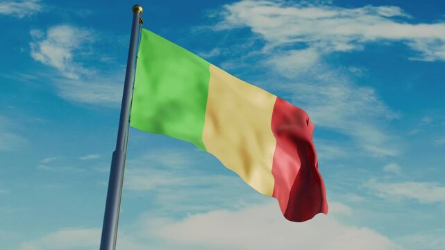 Mali flag waving in wind with flagpole, against the background of the sky with clouds, 4K video render