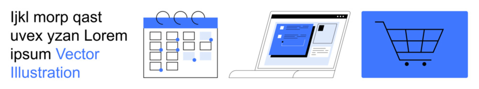 Business planning, e-commerce, web development, scheduling, remote work, and time management. Illustrated calendar, laptop with web app and shopping cart. Scheduling and e-commerce concepts