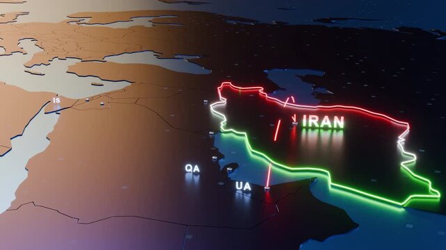 3d render Map of Iran, Israel, and Middle East Countries with Glowing Red Attack Lines, Military Crisis Background