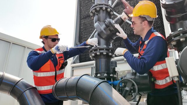 Industrial technician performs maintenance on large pipes and machinery with tools