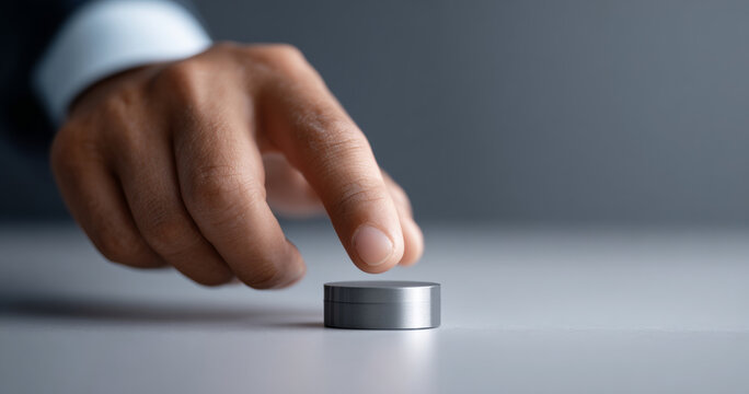 Hand pressing metallic button on surface