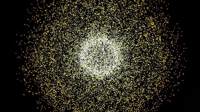 Animated sparkling gold and white particles explode outwards from a central bright light source against a black background, creating a festive motion effect.