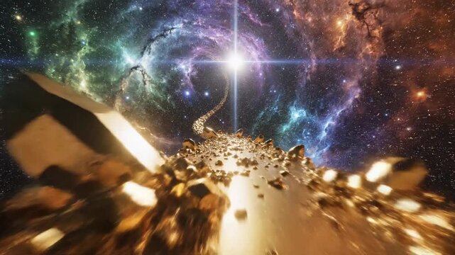 Golden asteroid belt flying through a vibrant nebula galaxy toward a bright shining star in deep space.