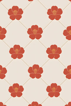 Traditional Japanese pattern of red camellia flowers on a thin gold diamond grid background.generated by AI.