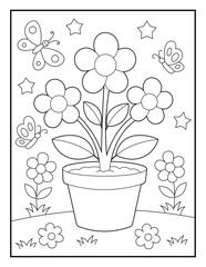 Cartoon Flower Pot Coloring Page for Kids. Cute Garden Scene with Butterflies and Stars for Children © laky