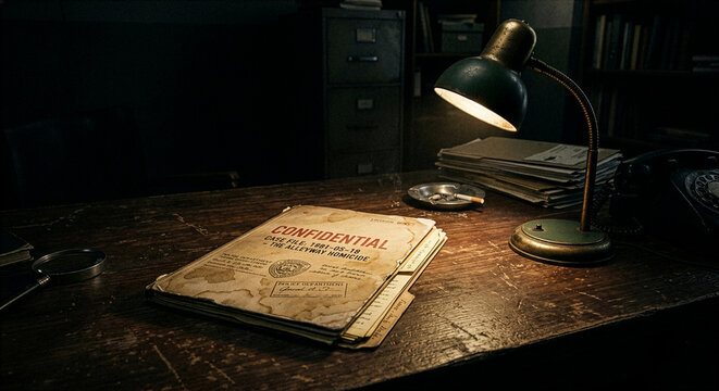 Old Confidential File Folder Lying on Detective Desk with Lamp