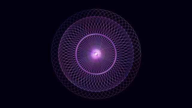Abstract geometric motion background featuring concentric rings of purple and pink lines forming a symmetrical mandala pattern, with a luminous center.