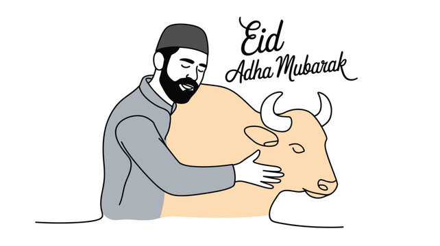 Muslim Man Embracing Cow Illustration for Eid al-Adha Celebration Minimalist Isolated Vector